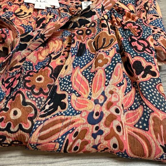 A.L.C. 100% Silk Blouse Size 6 Dark Floral Sheer Career Day to Night Elegant - Picture 14 of 16